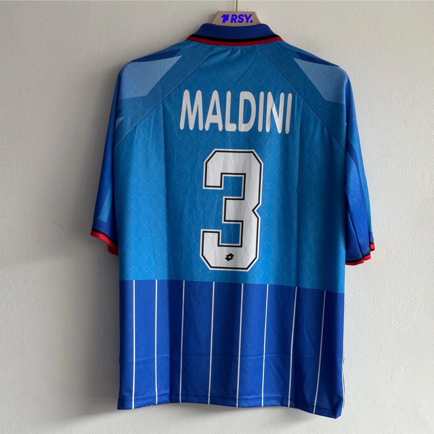 ACMILAN 1995-96 THIRD KIT MALDINI FIVESLEEVE POLO EMBROIDERY