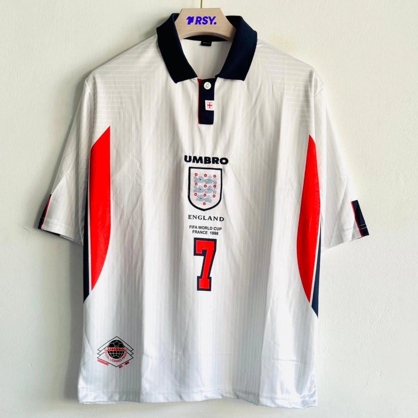 ENGLAND 1998 HOME KIT BECKHAM FIVESLEEVE POLO EMBROIDERY PREMIUM