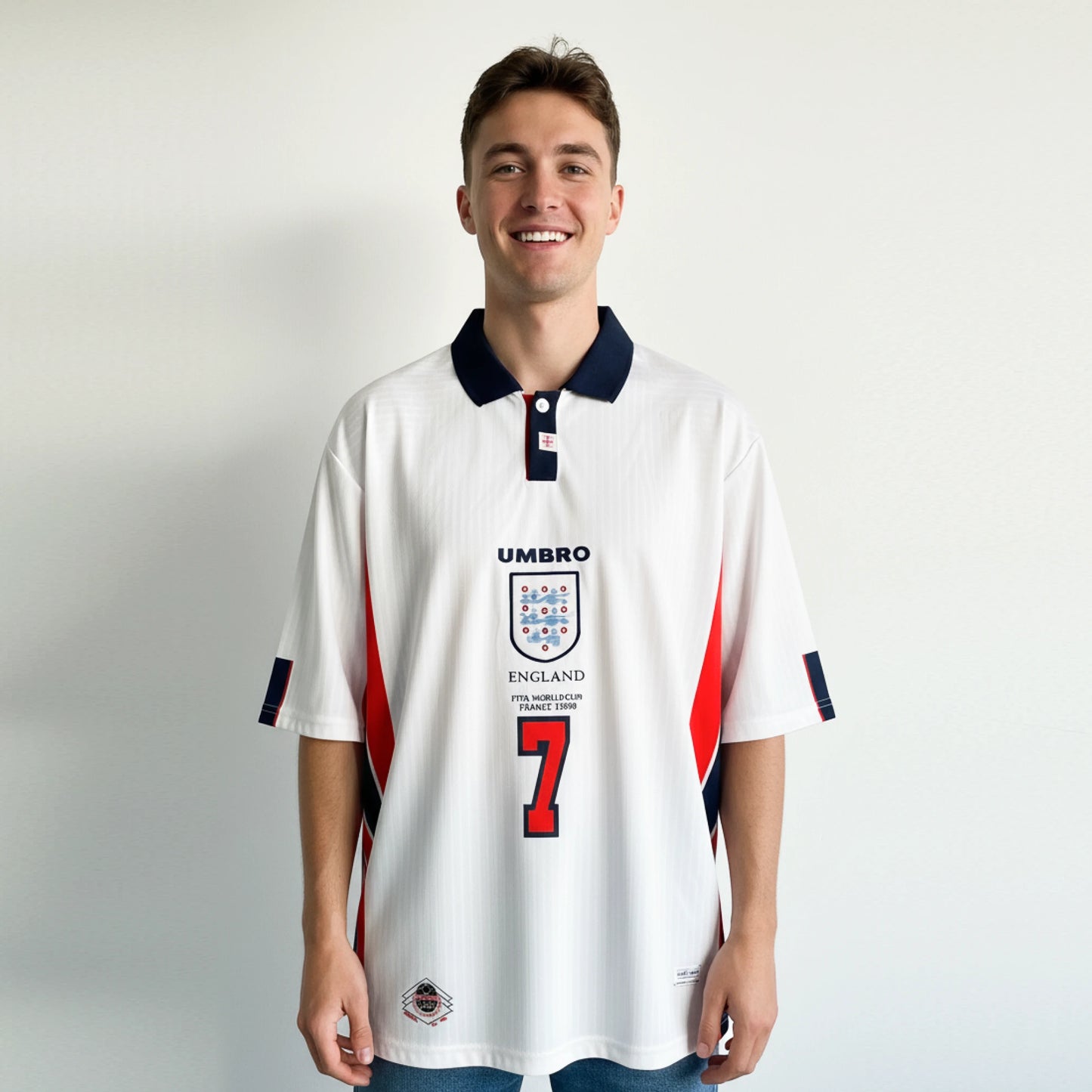 ENGLAND 1998 HOME KIT BECKHAM FIVESLEEVE POLO EMBROIDERY PREMIUM